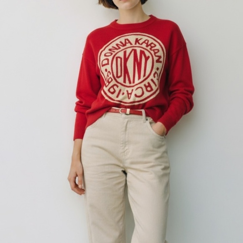 DKNY Donna Karan Bold Red Graphic Sweater Crewneck Shirt Circa 1989 S Oversized